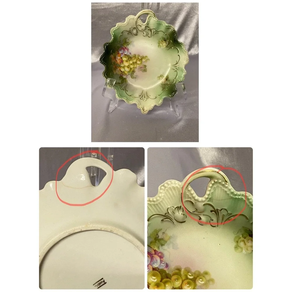 Two Antique Hand Painted Austria Bowl And Saucer Painted /Green Grapes PreOwned